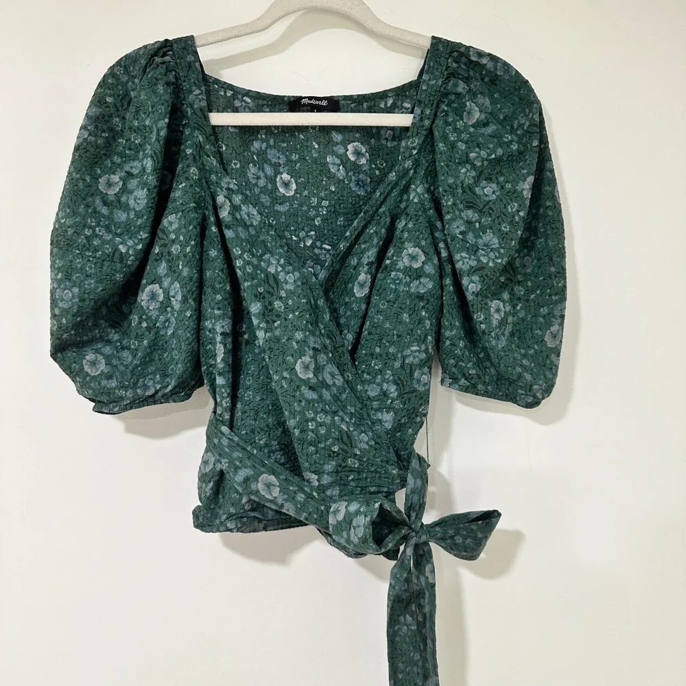 Madewell Floral Puff Sleeve Wrap Top Womens Small Green Cotton Smocked Back S
